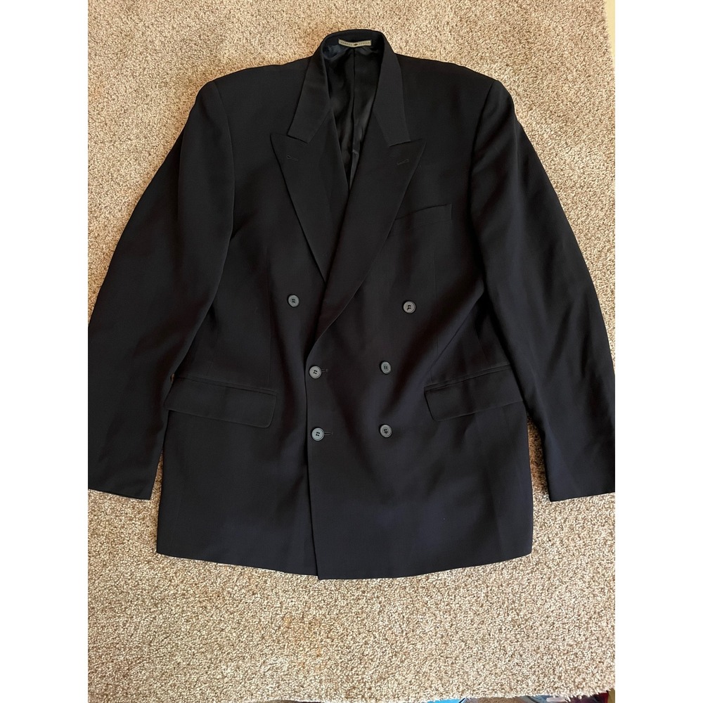VTG Joseph Abboud Mens Suit Jacket 43 Long Black Double Breasted Wool Peak Lapel
